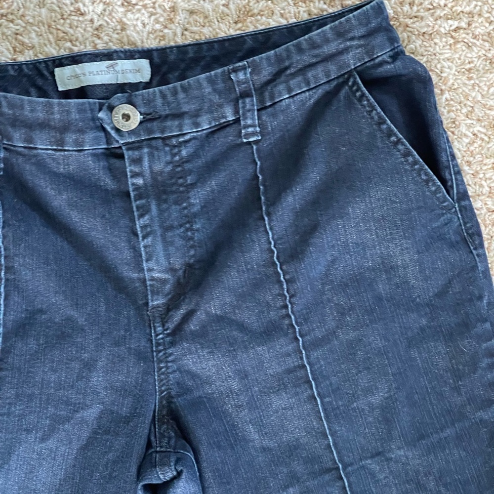Chico's Platinum Dark Denim Dressy Bootcut Flare Jeans Size (12) 2 - Picture 4 of 9